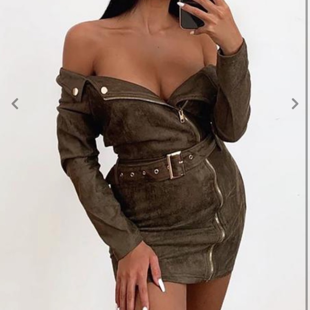 Olive suede dress with zipper